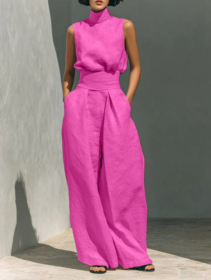 Casual Sleeveless Suit Summer Stand-up Collar Pullover Top And Loose Straight-leg Trousers