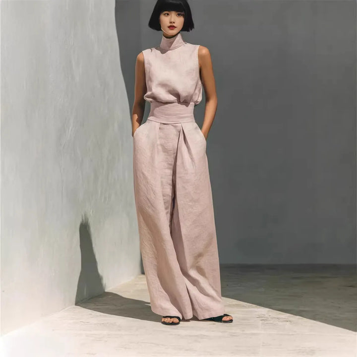 Casual Sleeveless Suit Summer Stand-up Collar Pullover Top And Loose Straight-leg Trousers