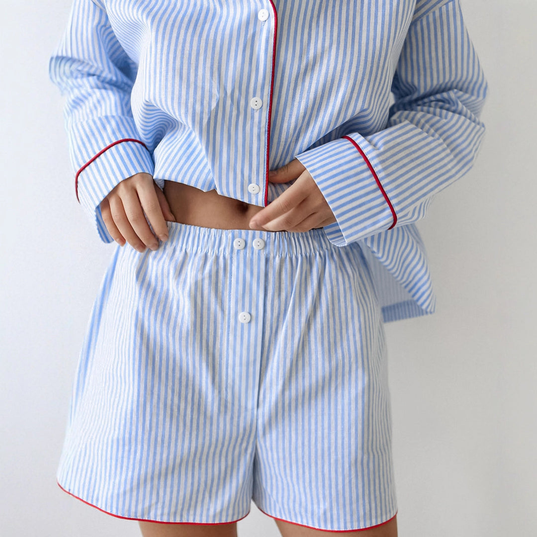 Loose-fitting Cotton Striped Contrast-color Long-sleeve Top And Shorts Pajama Set