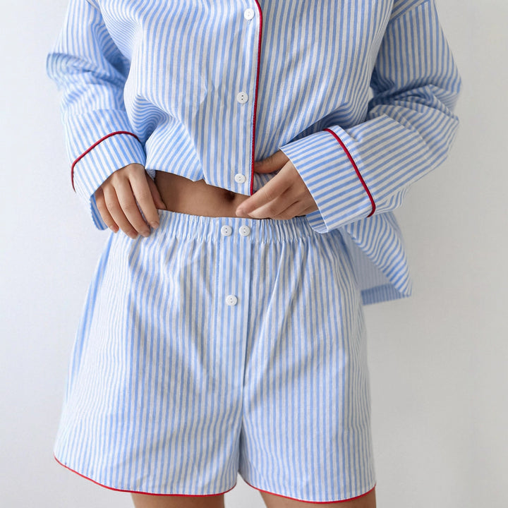 Loose-fitting Cotton Striped Contrast-color Long-sleeve Top And Shorts Pajama Set