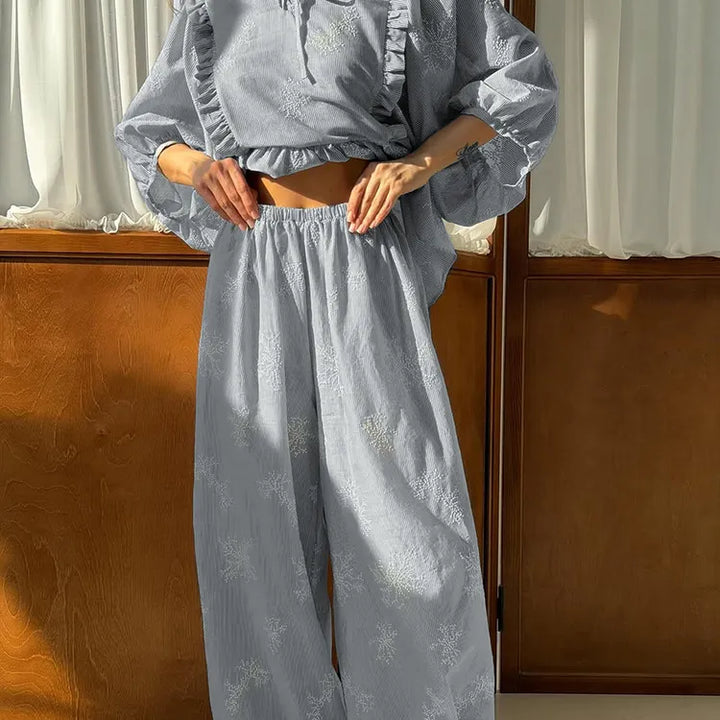 Embroidery Ruffle Tie Neck Puff Sleeve Crop Top &amp; Wide Leg Pants 2-Piece Loungewear Set