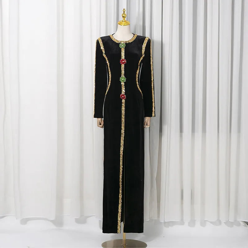 Velvet Gold Rhinestone Trim Long Sleeve Split Maxi Evening Gown