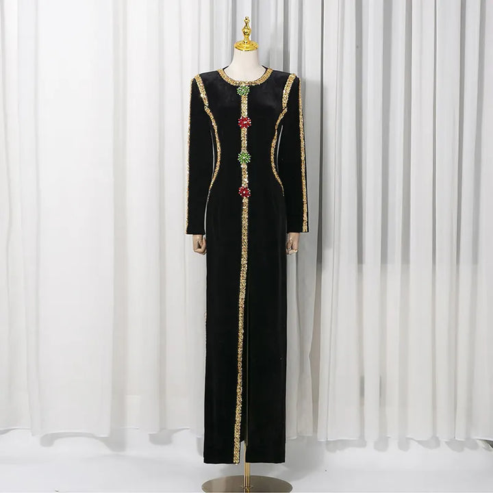 Velvet Gold Rhinestone Trim Long Sleeve Split Maxi Evening Gown