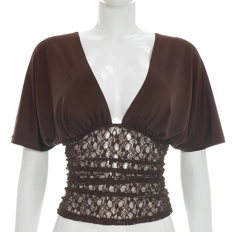 Womens Deep V-Neck Batwing Sleeve Patchwork Lace Pullover Top