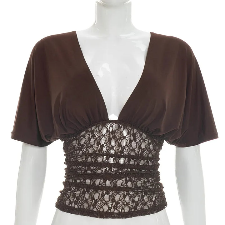 Womens Deep V-Neck Batwing Sleeve Patchwork Lace Pullover Top