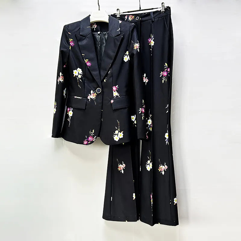 Floral Print Single Button Blazer & Floor-Length Flared Pants 2-Piece Suit Set