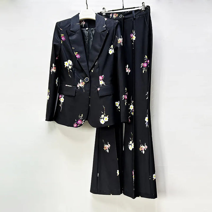 Floral Print Single Button Blazer &amp; Floor-Length Flared Pants 2-Piece Suit Set