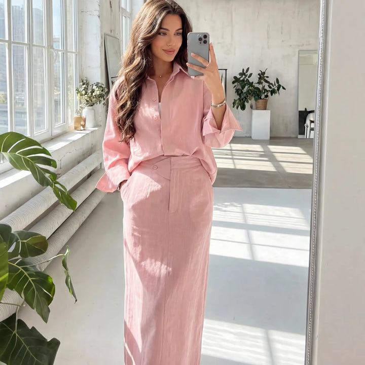 Fashionable Lapel Collar Loose-Fit Long-Sleeve Shirt And High-Waist Skirt Set