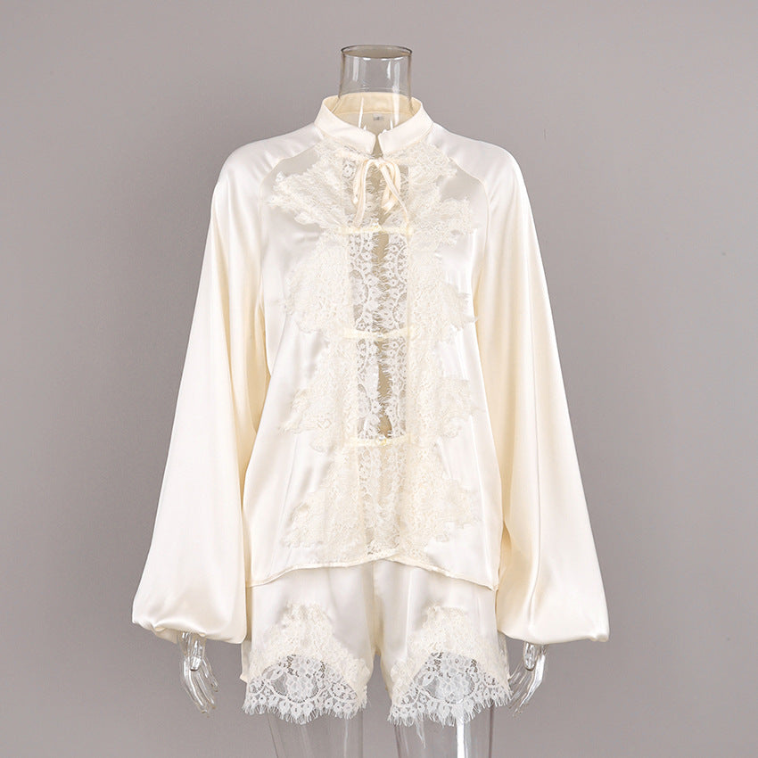 Off-white Ice-silk Satin Lace-trimmed Tie-front Womens Pajama Sethome Wear