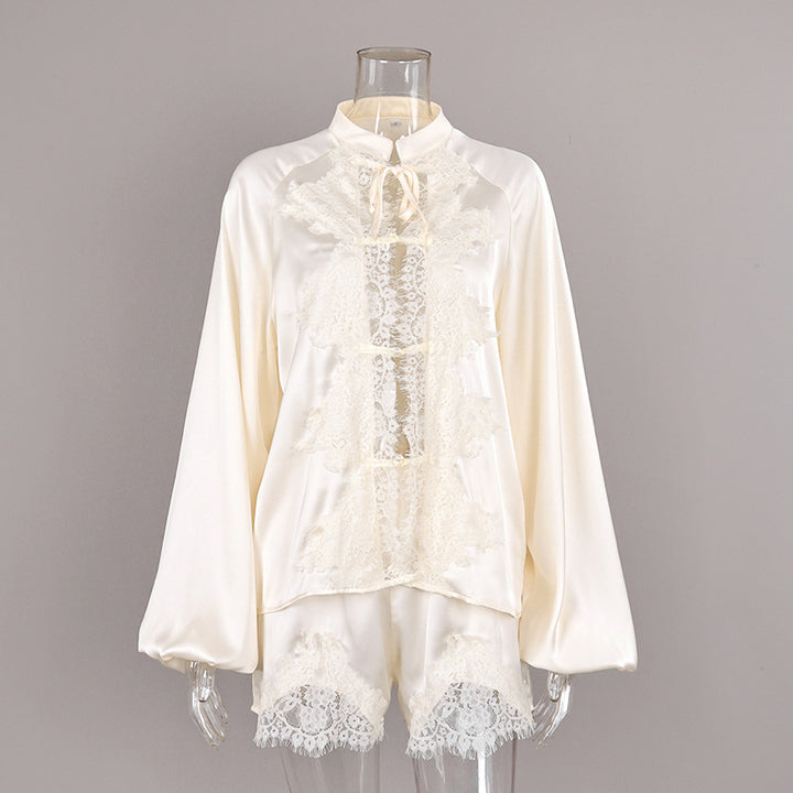 Off-white Ice-silk Satin Lace-trimmed Tie-front Womens Pajama Sethome Wear