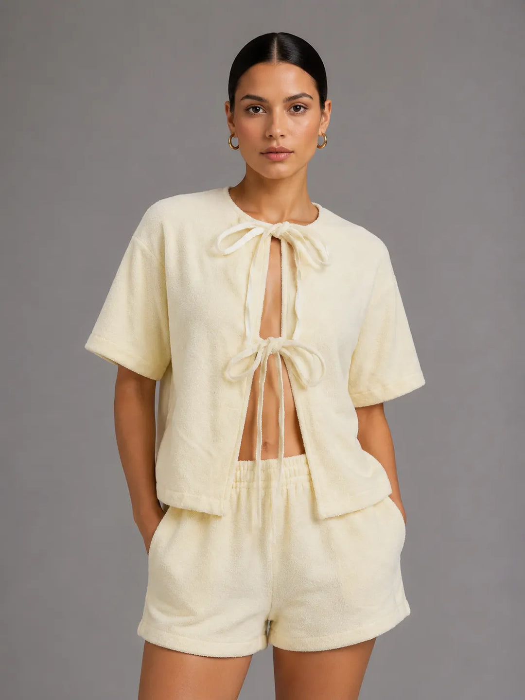 Terry Cloth Tie Front Short Sleeve Jacket &amp; Elastic Waist Casual Shorts 2-Piece Loungewear Set