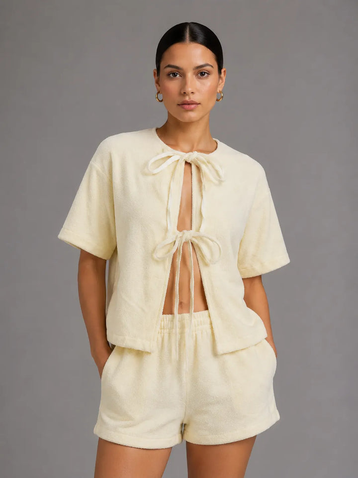 Terry Cloth Tie Front Short Sleeve Jacket &amp; Elastic Waist Casual Shorts 2-Piece Loungewear Set