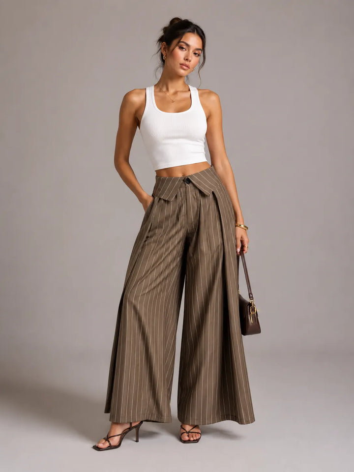 Vertical Pinstripe Turn-Down Lapel High Waist Pleated Wide Leg Tailored Pants