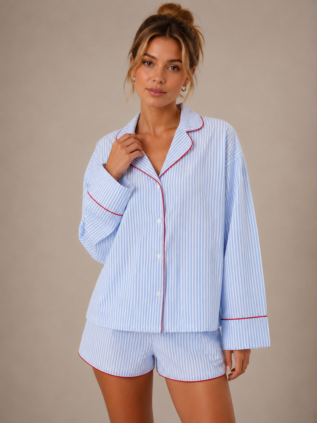 Loose-fitting Cotton Striped Contrast-color Long-sleeve Top And Shorts Pajama Set