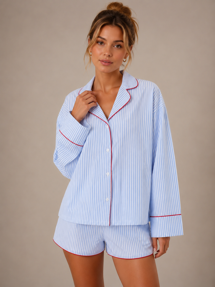 Loose-fitting Cotton Striped Contrast-color Long-sleeve Top And Shorts Pajama Set