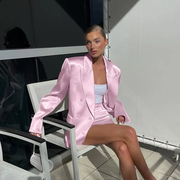 Double Breasted Oversized Blazer &amp; High Waist Mini Skirt 2-Piece Suit