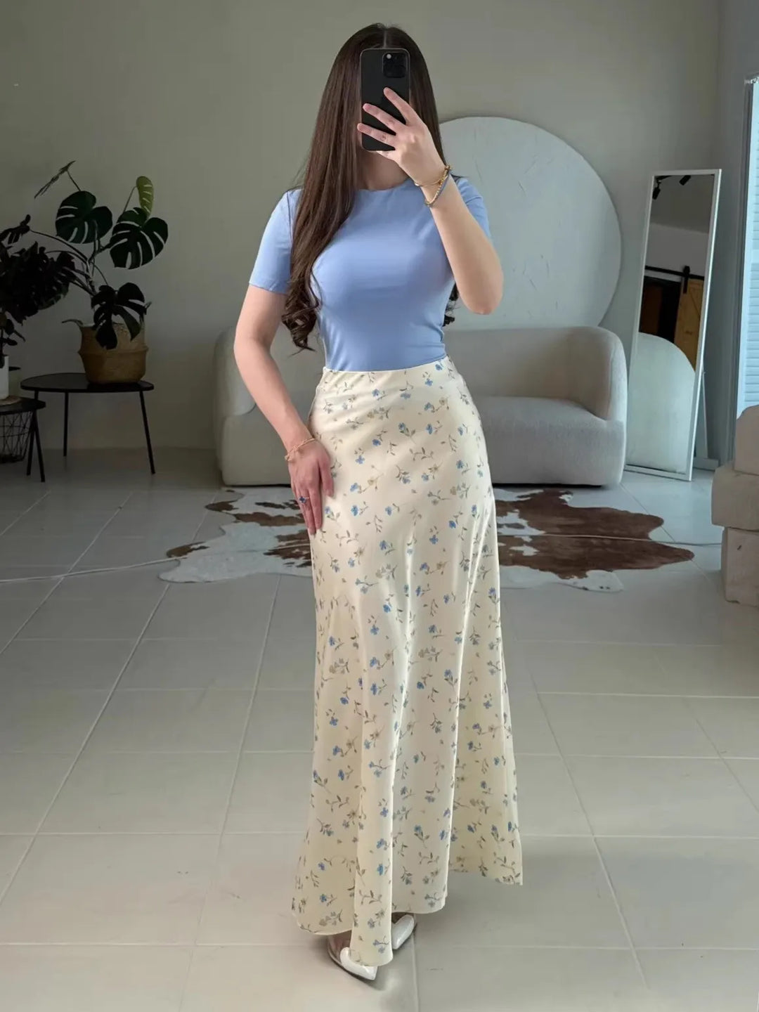 Base Ditsy Floral Print High Waist Satin Mermaid Midi Slip Skirt