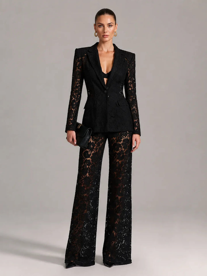 Floral Lace Single Button Blazer &amp; High Waist Wide Leg Pants 2-Piece Suit Set