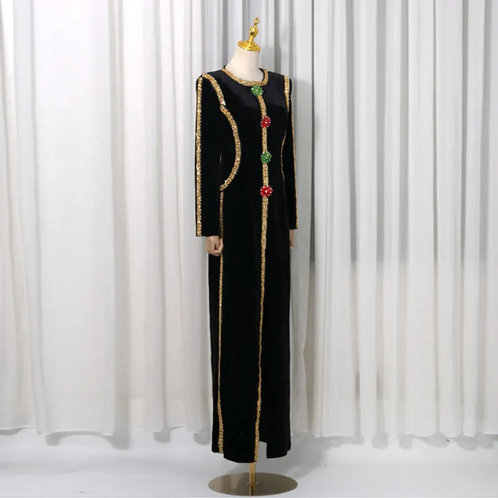 Velvet Gold Rhinestone Trim Long Sleeve Split Maxi Evening Gown