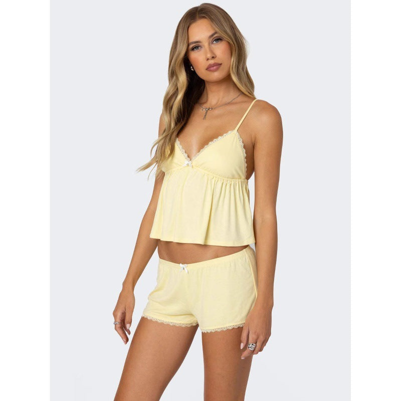 Bow-knot Lace Strap Shorts Set Womens Pajamas