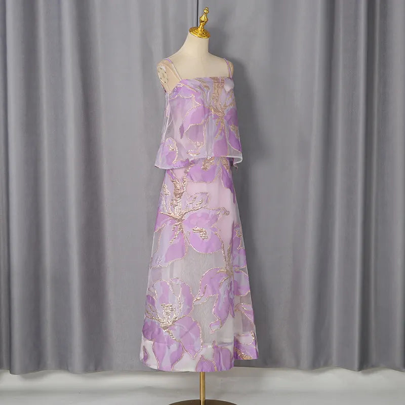 Floral Organza Spaghetti Strap Cropped Top &amp; Midi Skirt Two-Piece Set