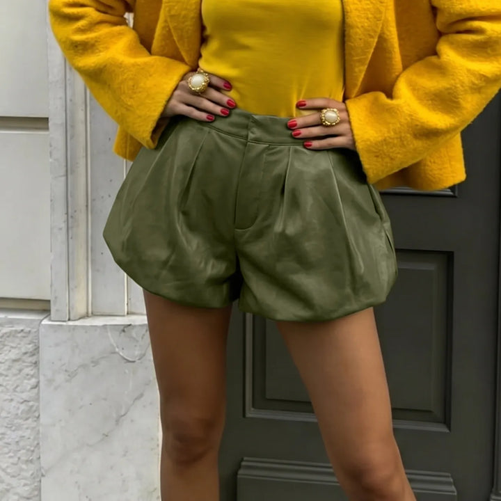 Stylish Solid-color Faux Leather Paper-bag Shorts
