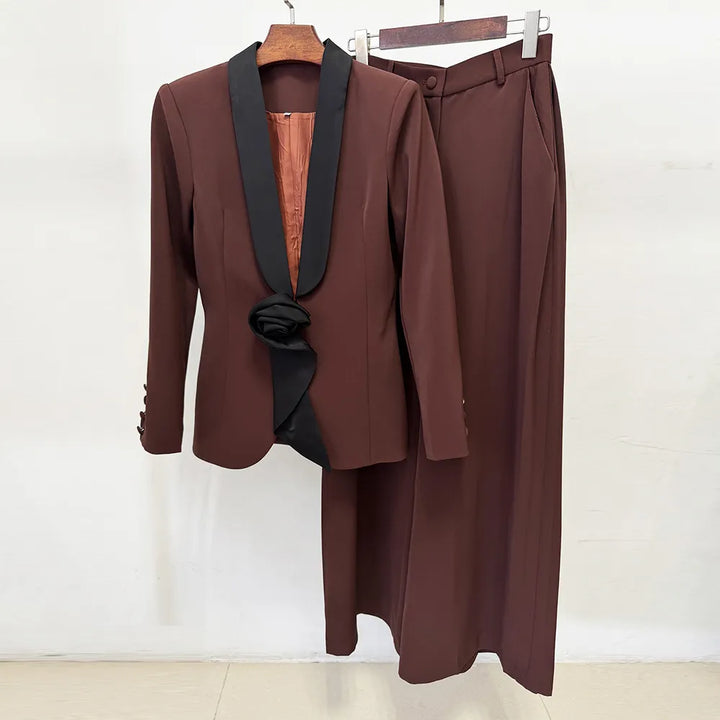 Satin Lapel 3D Floral Decor Blazer &amp; Wide Leg Floor Pants 2-Piece Suit Set