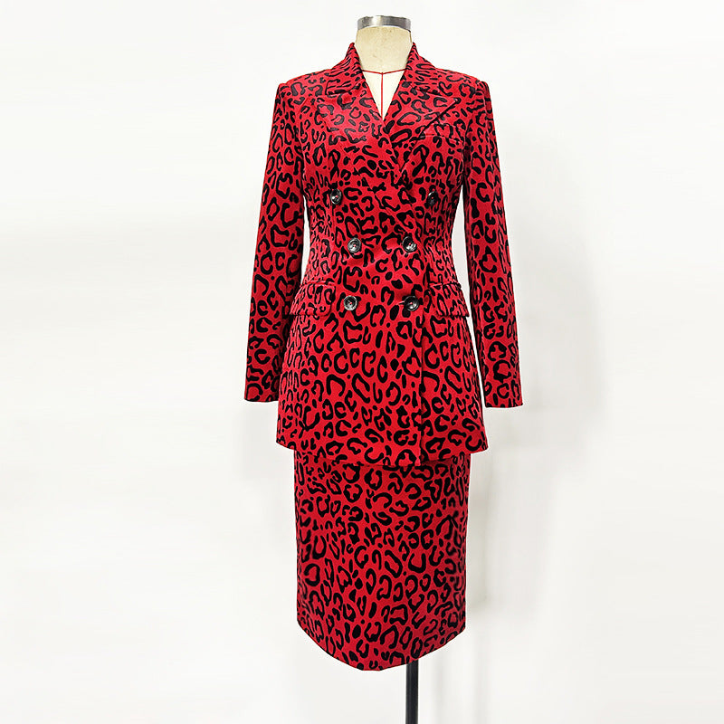 Leopard Print Double Breasted Blazer &amp; Midi Pencil Skirt 2-Piece Suit Set