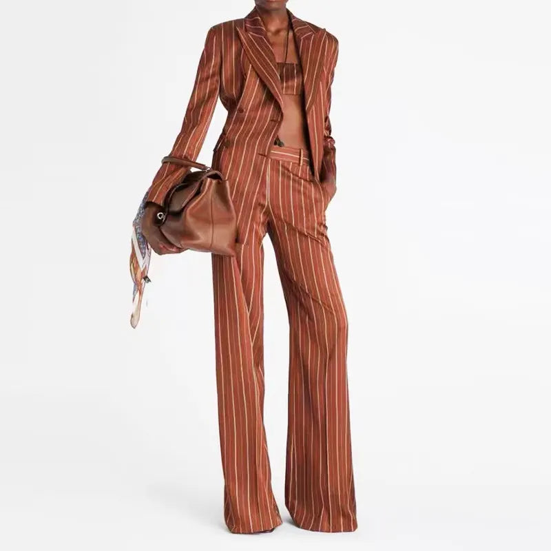 Erracotta White Vertical Stripe Double Breasted Blazer & Wide Leg Floor Pants 2-Piece Suit Set