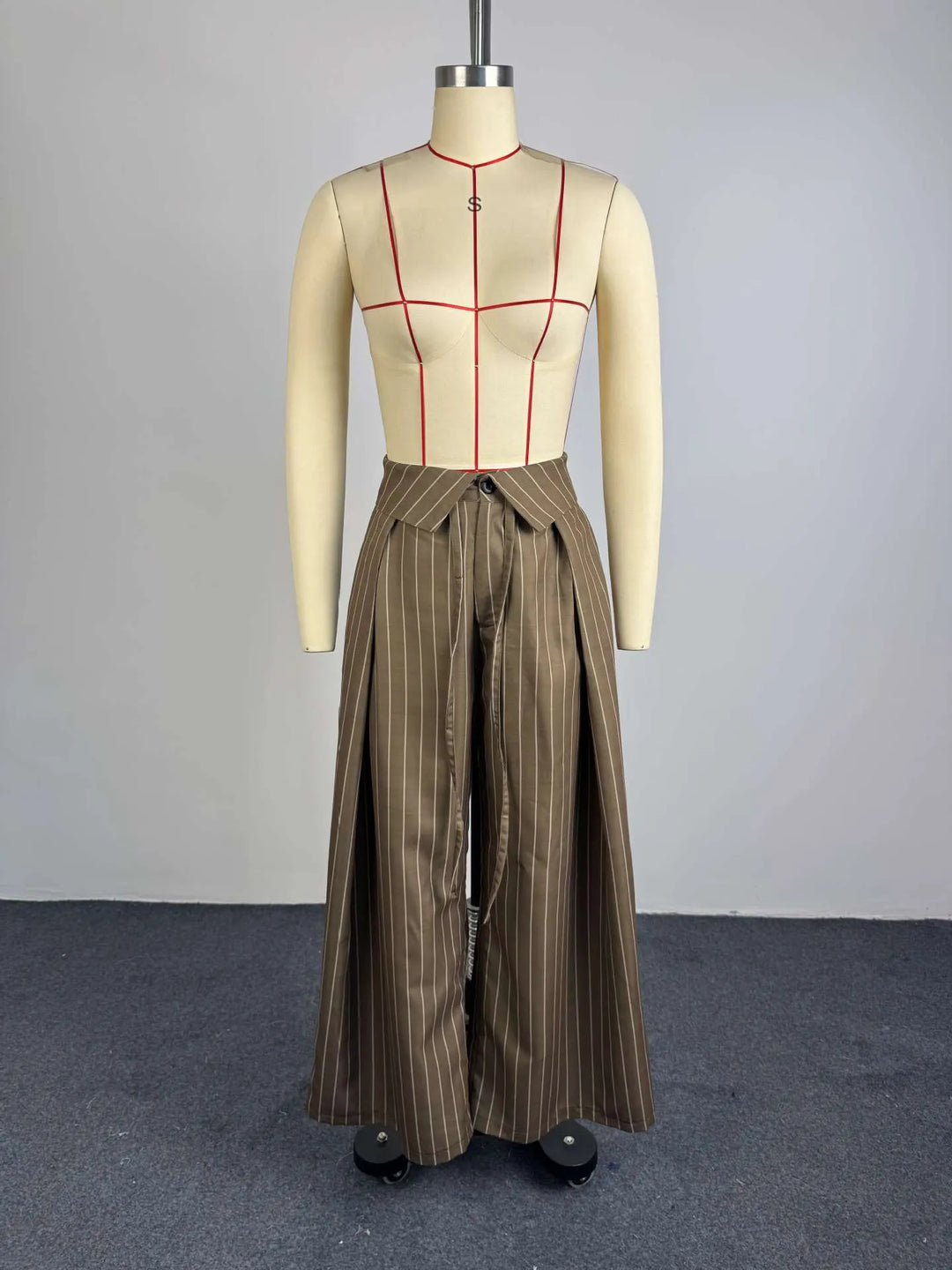 Vertical Pinstripe Turn-Down Lapel High Waist Pleated Wide Leg Tailored Pants