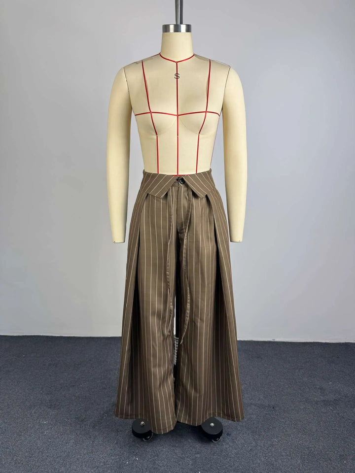 Vertical Pinstripe Turn-Down Lapel High Waist Pleated Wide Leg Tailored Pants