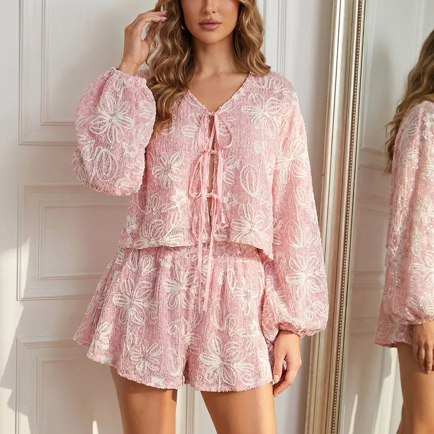 Jacquard Macaron-colored V-neck Long-sleeve Belted Top And Shorts Two-piece Set