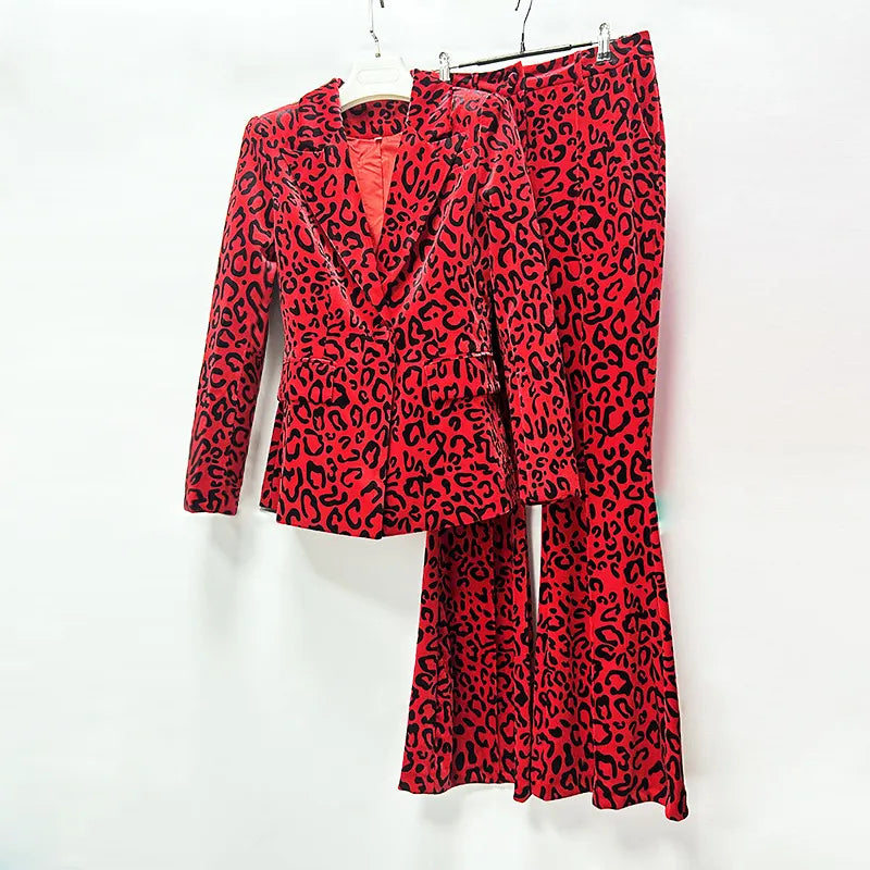 Leopard Print Single Button Blazer &amp; Flared Floor Pants 2-Piece Suit Set