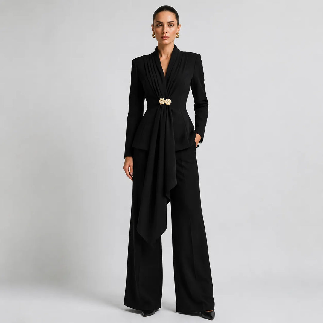Stand Collar Pleated Front Pearl Buckle Draped Blazer & Wide Leg Floor Pants 2-Piece Suit Set