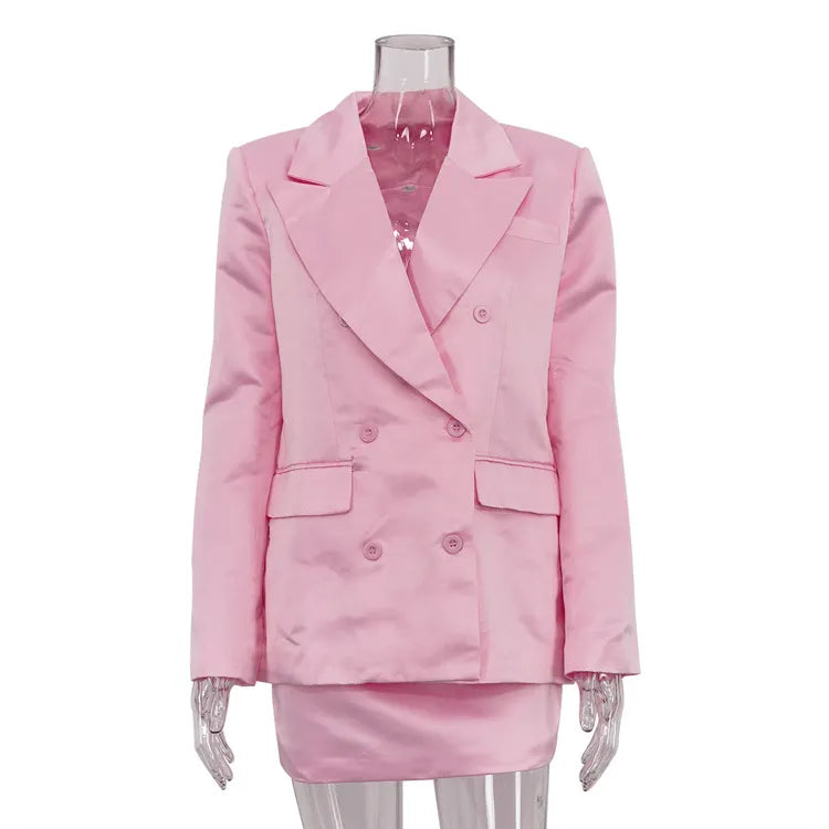 Double Breasted Oversized Blazer &amp; High Waist Mini Skirt 2-Piece Suit