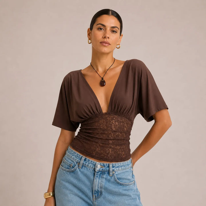 Womens Deep V-Neck Batwing Sleeve Patchwork Lace Pullover Top