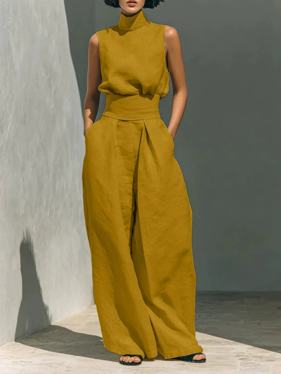 Casual Sleeveless Suit Summer Stand-up Collar Pullover Top And Loose Straight-leg Trousers
