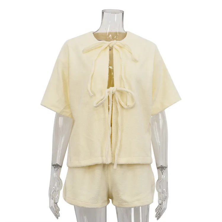 Terry Cloth Tie Front Short Sleeve Jacket &amp; Elastic Waist Casual Shorts 2-Piece Loungewear Set