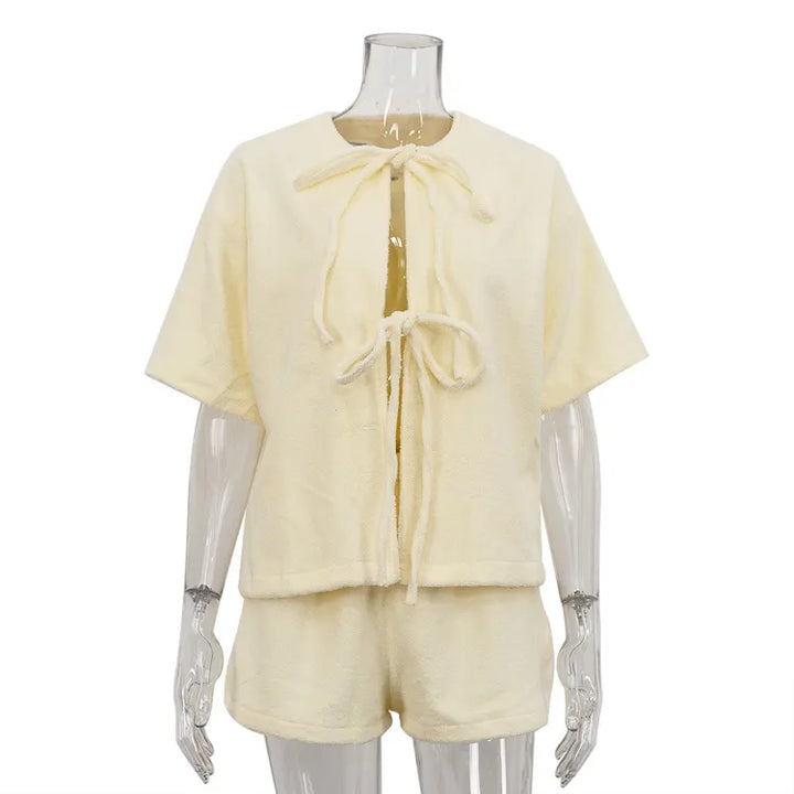 Terry Cloth Tie Front Short Sleeve Jacket &amp; Elastic Waist Casual Shorts 2-Piece Loungewear Set