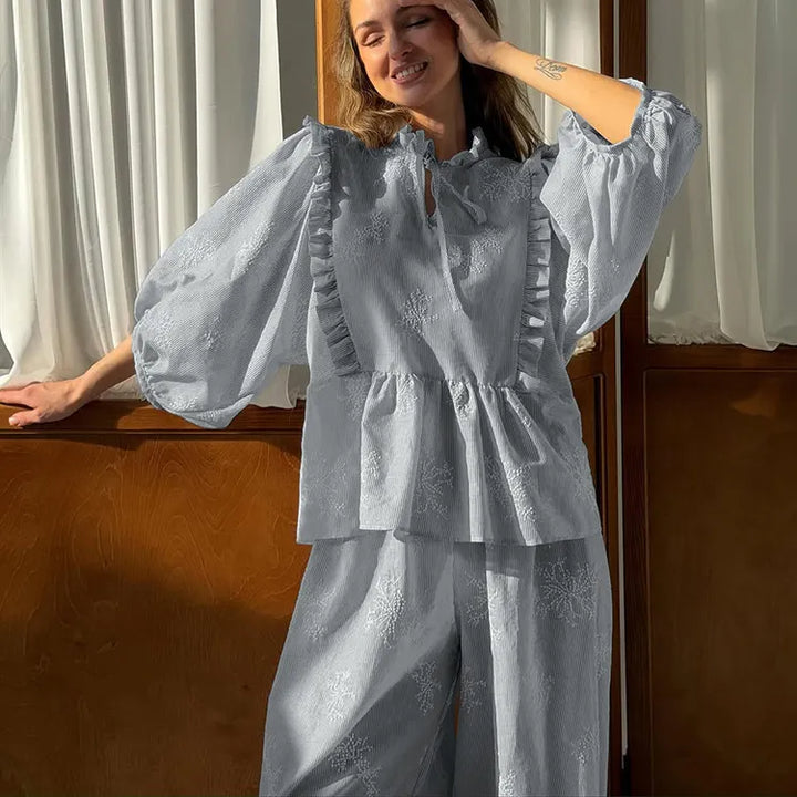 Embroidery Ruffle Tie Neck Puff Sleeve Crop Top &amp; Wide Leg Pants 2-Piece Loungewear Set