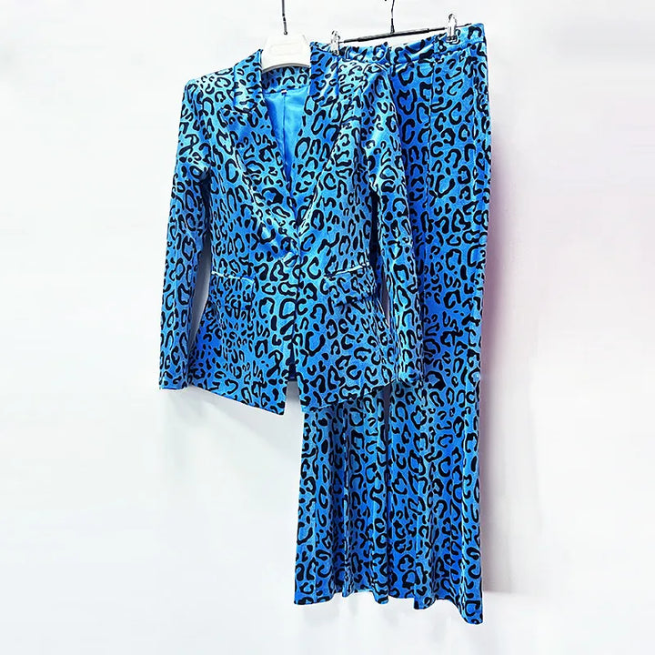 Leopard Print Single Button Blazer &amp; Flared Floor Pants 2-Piece Suit Set