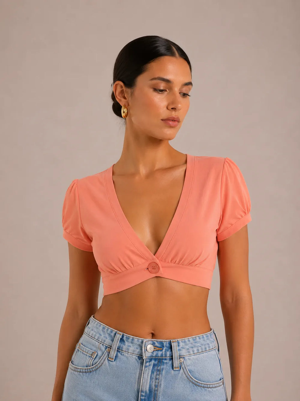 Sexy V-neck Versatile Pleated Button-front Crop Top