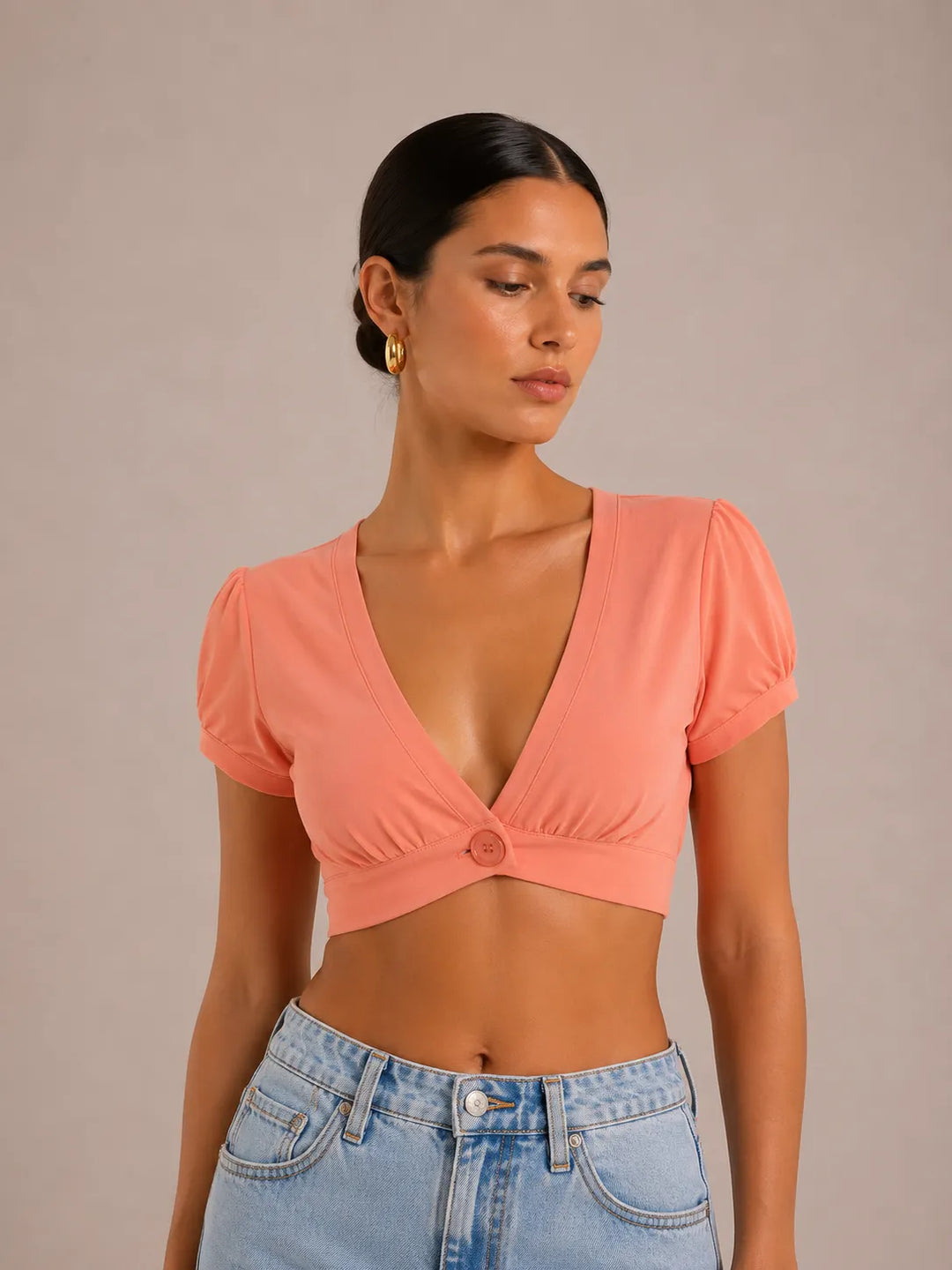 Sexy V-neck Versatile Pleated Button-front Crop Top