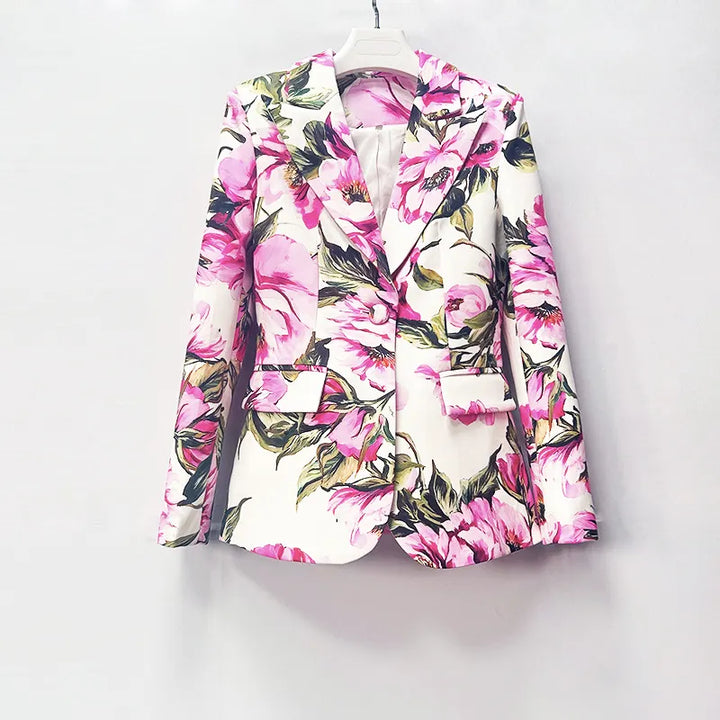Floral Print Single Button Blazer &amp; Straight Floor Pants 2-Piece Suit Set