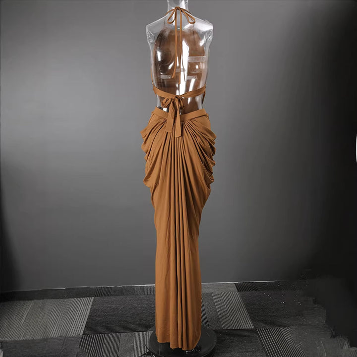 Halter Rhinestone Waist Double Ruched Mermaid Maxi Evening Dress