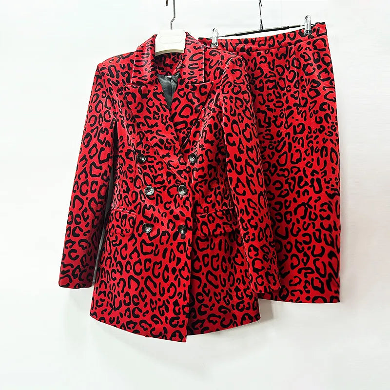 Leopard Print Double Breasted Blazer &amp; Midi Pencil Skirt 2-Piece Suit Set