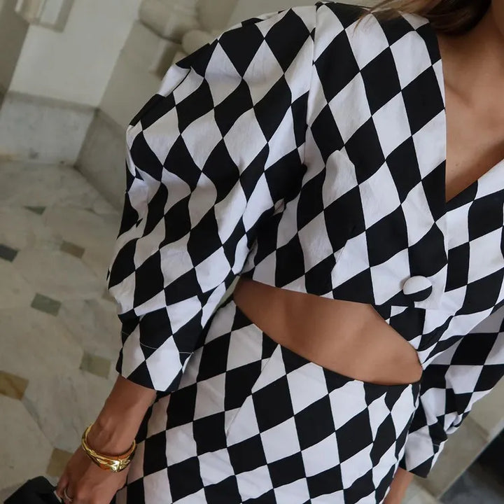 Diamond Check Puff Sleeve V-Neck Crop Top &amp; High Waist Mermaid Maxi Skirt 2-Piece Co-Ord Set