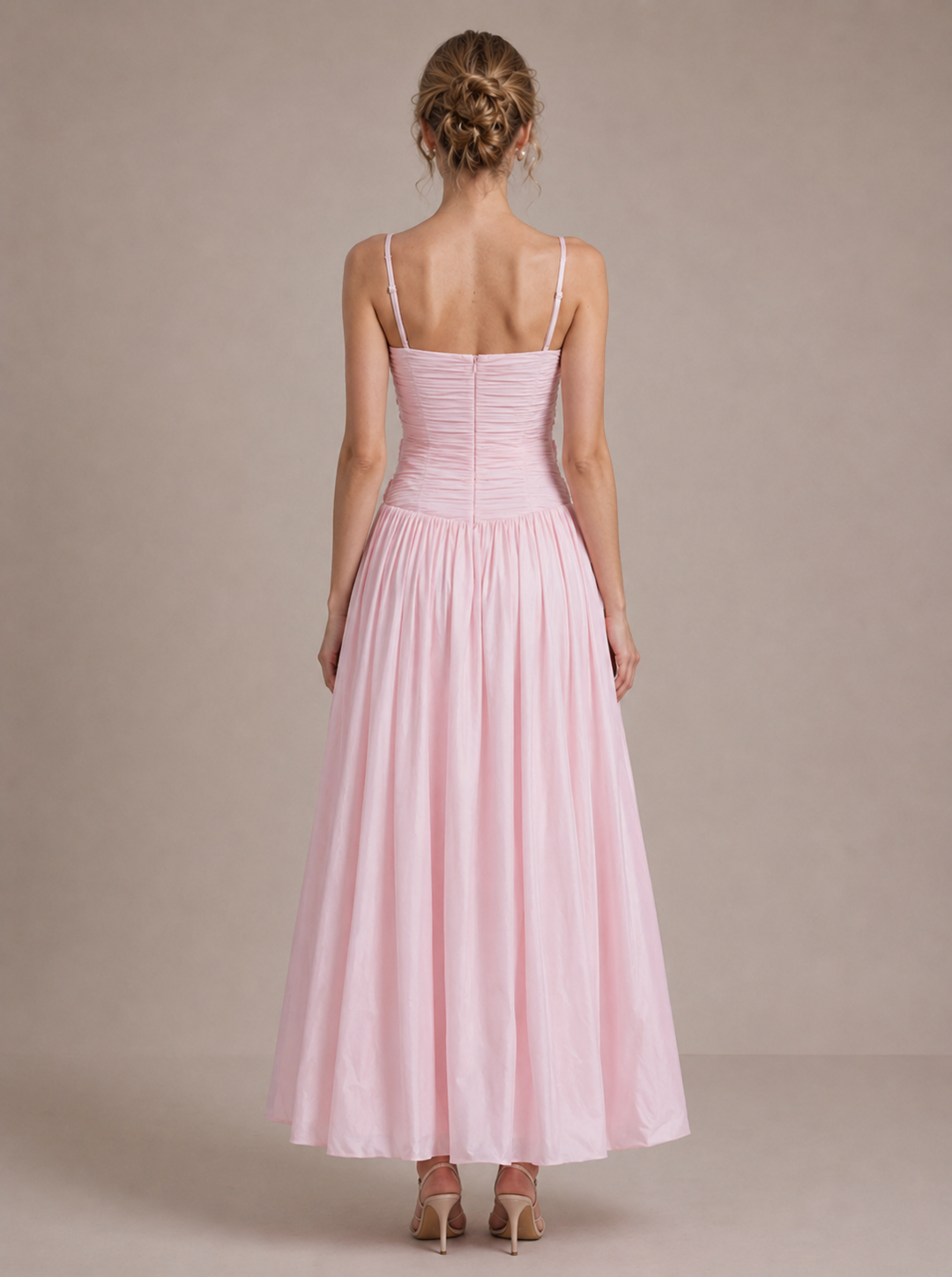3D Floral Ruched Spaghetti Strap High Slit Maxi Dress
