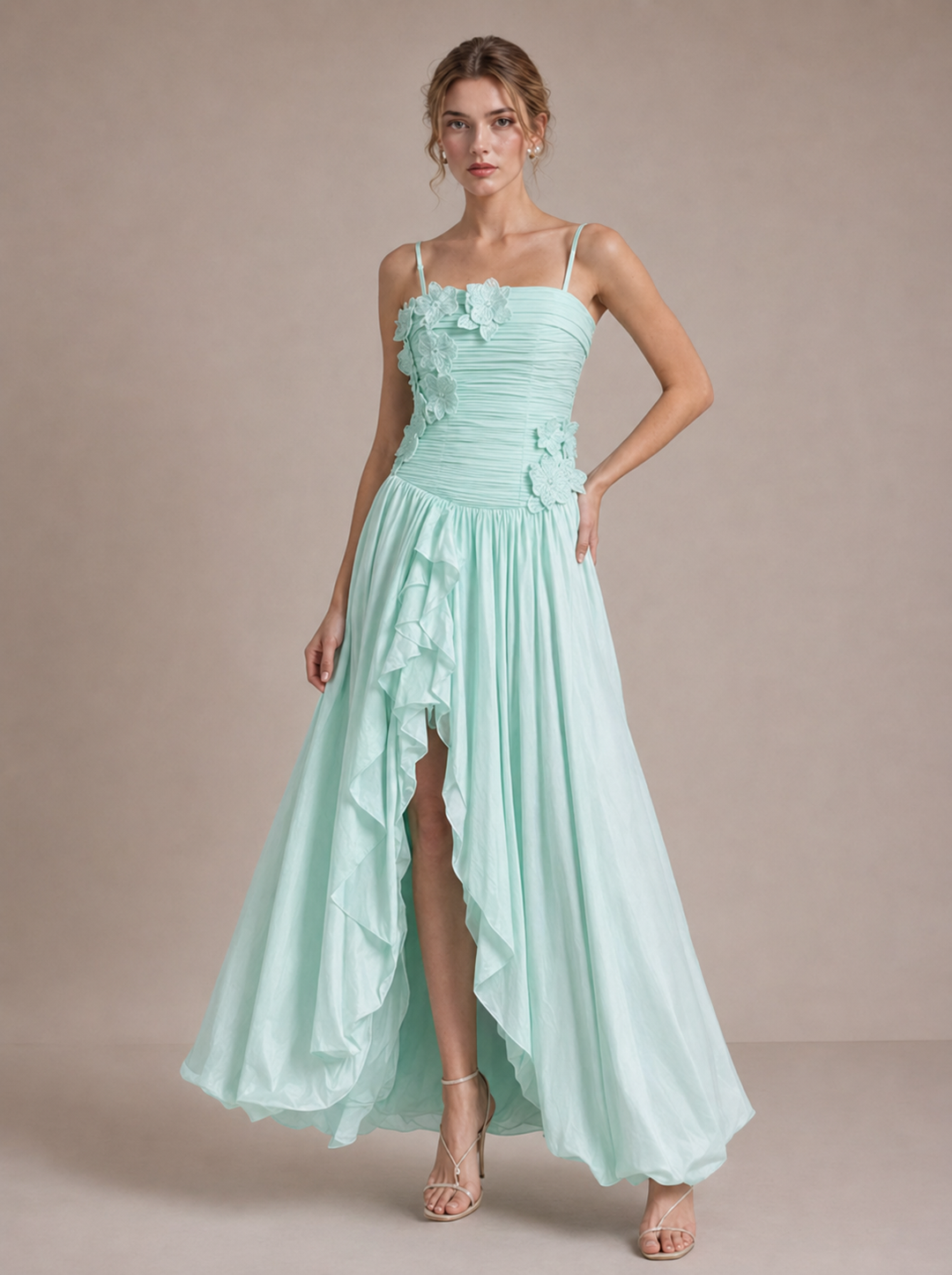 3D Floral Ruched Spaghetti Strap High Slit Maxi Dress