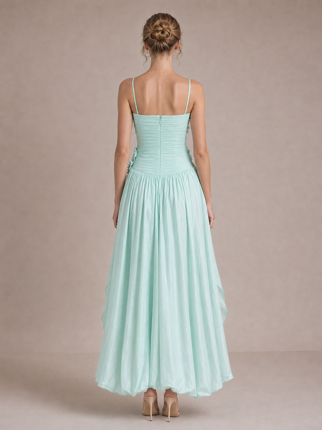 3D Floral Ruched Spaghetti Strap High Slit Maxi Dress